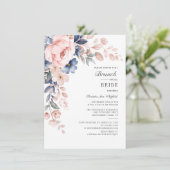 Floral Bridal Brunch Wasserfarbe Pink Blauer Blaue Einladung (Stehend Vorderseite)