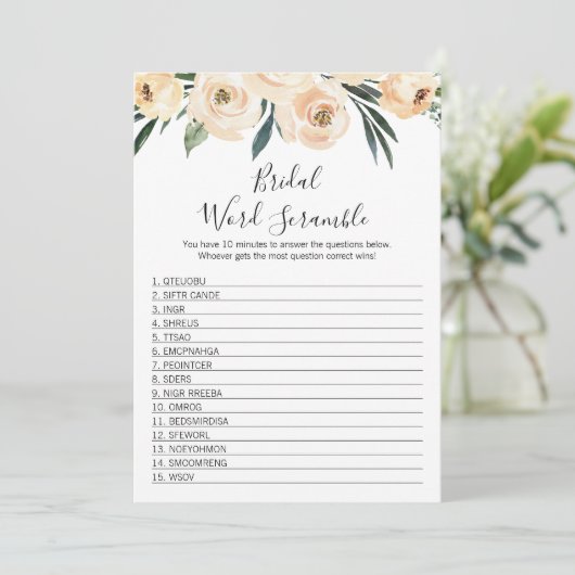 Floral Bridal Word Scramble Bride Showspiel Einladung (Stehend Vorderseite)