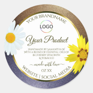 Floral Brown Blue Glitzer White Product Label Logo Runder Aufkleber
