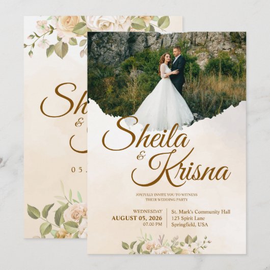 Floral Brown Pastel Elegance Wedding with Photo Einladung (Vorne/Hinten)