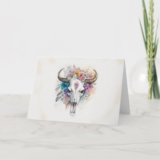 Floral Bull Skull Wasserfarben Kunst Karte (Vorderseite)