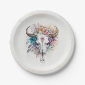 Floral Bull Skull Watercolor Art Pappteller (Vorderseite)
