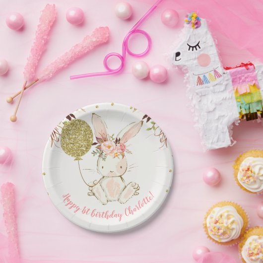 Floral Bunny Birthday Party Paper Plate Pappteller (Party)