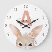 Floral Bunny Ears Monogram Nursery Clock Personali Große Wanduhr (Vorderseite)