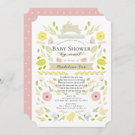 Floral Bunny Foliage Pink Girl Baby Dusche von Mai Einladung (Vorne/Hinten)