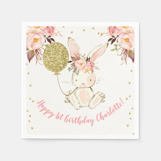 Floral Bunny Happy Birthday Paper Napkin Serviette (Vorderseite)
