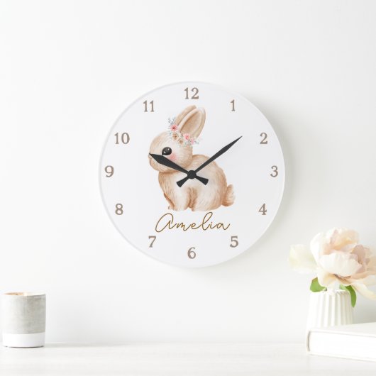 Floral Bunny Personalized Nursery Wall Clock Custo Große Wanduhr (Zuhause)