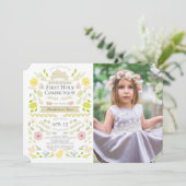 Floral Bunny Pink Girl Foto Erste Heilige Kommune Einladung (Stehend Vorderseite)