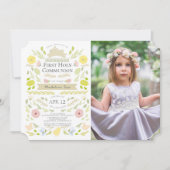 Floral Bunny Pink Girl Foto Erste Heilige Kommune Einladung (Vorderseite)