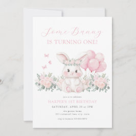 Floral Bunny Spring Girl Pink Bunny First Birthday Einladung
