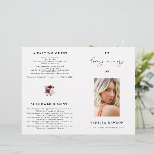 Floral Burgund Feier des Programms "Leben" (Stehend Vorderseite)