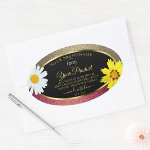 Floral Burgund Gold Black Product Labels mit Logo Ovaler Aufkleber
