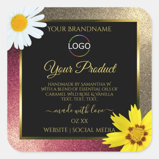 Floral Burgund Gold Black Product Labels mit Logo Quadratischer Aufkleber (Vorderseite)