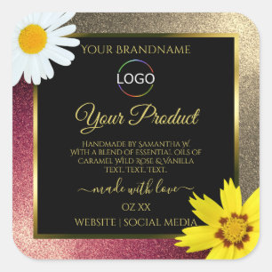 Floral Burgund Gold Black Product Labels mit Logo Quadratischer Aufkleber