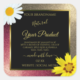 Floral Burgund Gold Glitzer Black Product Labels Quadratischer Aufkleber
