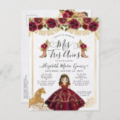 Floral Burgund Gold Prinzessin Mis 3 Años Geburtst Einladungspostkarte (Vorne/Hinten)