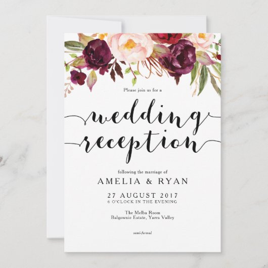 Floral Burgund Hochzeitsempfang Einladung (Vorderseite)