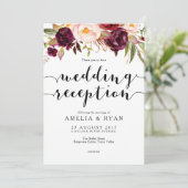 Floral Burgund Hochzeitsempfang Einladung (Stehend Vorderseite)