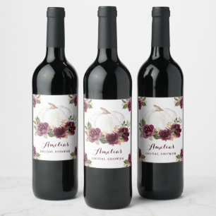 Floral Burgund Pumpkin Fall Brautparty Weinetikett