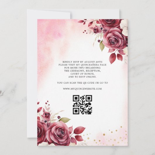 Floral Burgund QR-Code Prinzessin Quinceanera Einladung (Rückseite)