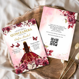 Floral Burgund QR-Code Prinzessin Quinceanera Einladung