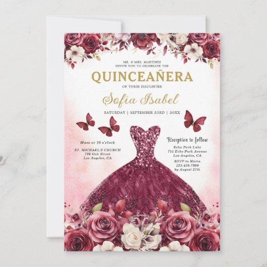 Floral Burgund QR-Code Prinzessin Quinceanera Einladung (Vorderseite)