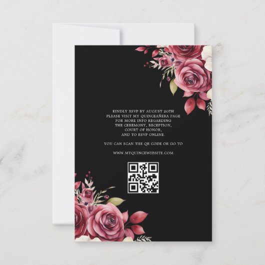 Floral Burgund QR-Code Prinzessin Quinceanera Einladung (Rückseite)