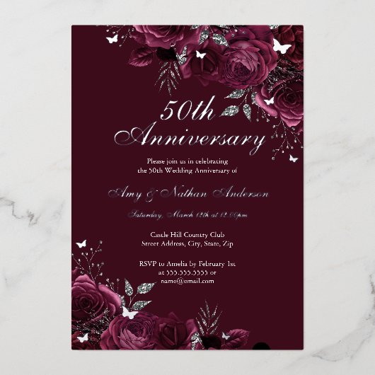 Floral Burgund Silver 50. Hochzeitstag Folieneinladung (Vorderseite)