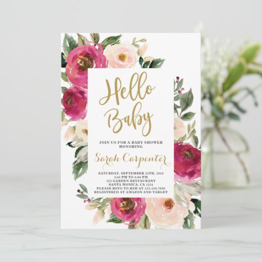 Floral Burgund und Duschmädchen Einladung (Stehend Vorderseite)