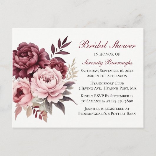 Floral Burgund Wasserfarbe Brautparty Einladungspostkarte (Vorderseite)