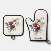 Floral Burgund Wasserfarbskript Personalisiert Ofenhandschuh & Topflappen-Set (Vorderseite)