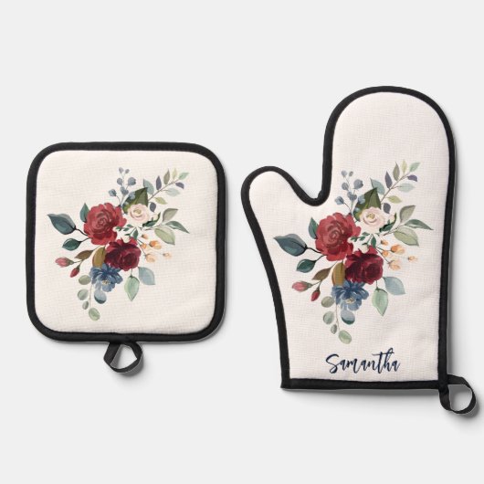 Floral Burgund Wasserfarbskript Personalisiert Ofenhandschuh & Topflappen-Set (Vorderseite)