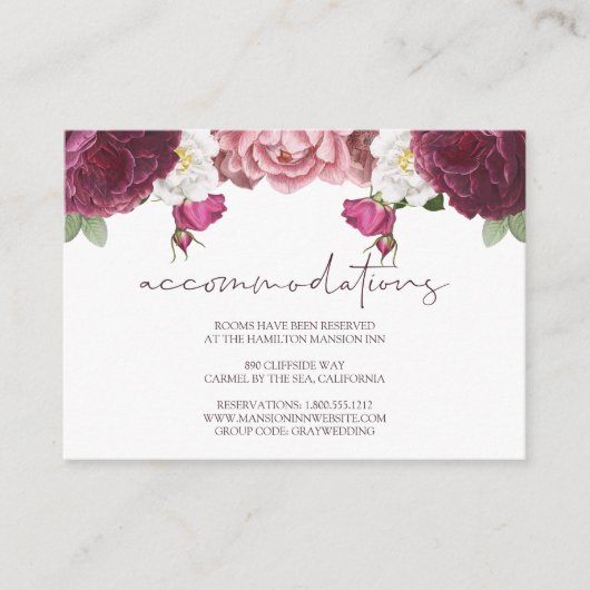 Floral Burgund Wedding Hotel Unterkunft Begleitkarte (Vorderseite)