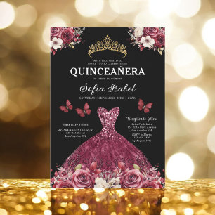Floral Burgund Weinrot Gold Zweisprachig Spanisch Einladung
