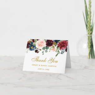 Floral Burgunder Blau Hochzeit Gold Dankeskarten Dankeskarte