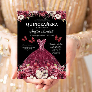 Floral Burgunder Gold Zweisprachige Spanische Quin Einladung