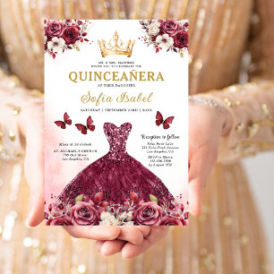 Floral Burgunder Gold Zweisprachige Spanische Quin Einladung