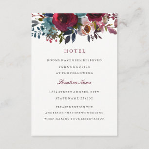 Floral Burgunder Hochzeits-Hotelunterbringungskart Begleitkarte