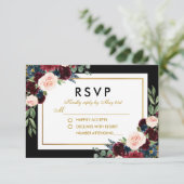 Floral Burgundy Blue Black Gold Wedding RSVP (Stehend Vorderseite)