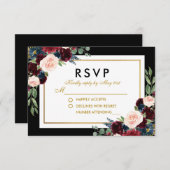 Floral Burgundy Blue Black Gold Wedding RSVP (Vorne/Hinten)