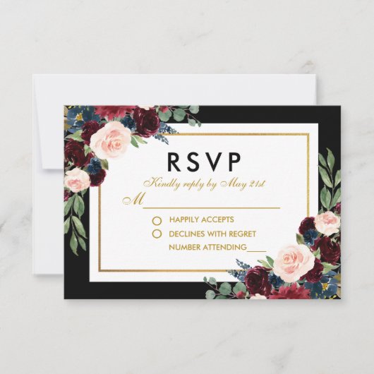 Floral Burgundy Blue Black Gold Wedding RSVP Karte (Vorderseite)