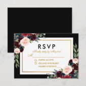 Floral Burgundy Blue Black Gold Wedding RSVP Karte (Vorne/Hinten)