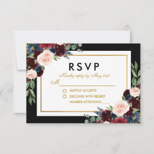 Floral Burgundy Blue Black Gold Wedding RSVP Karte