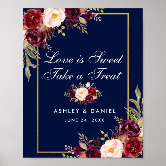 Floral Burgundy Blue Gold Wedding Leckerei Poster (Vorne)