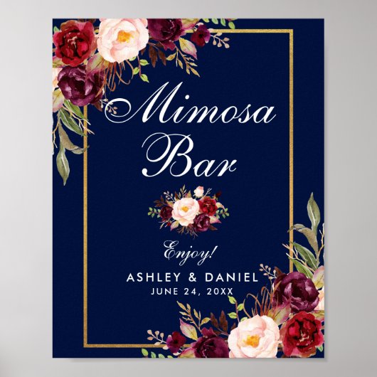 Floral Burgundy Blue Gold Wedding Mimosa Bar Poster (Vorne)