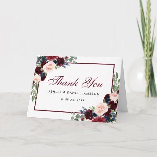 Floral Burgundy Blue Wedding Danke Falten Karte (Vorderseite)