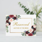 Floral Burgundy Blue Wedding Reserviert Gästebuch Karte (Stehend Vorderseite)