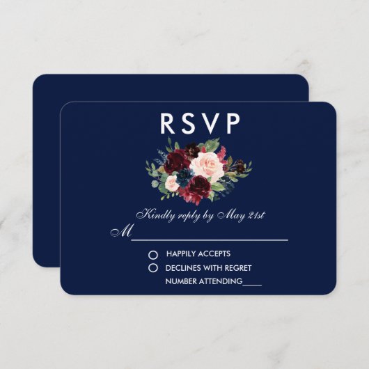 Floral Burgundy Blue Wedding RSVP (Vorne/Hinten)