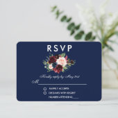 Floral Burgundy Blue Wedding RSVP (Stehend Vorderseite)