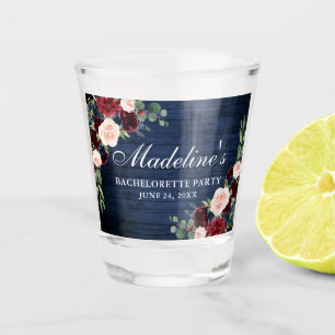 Floral Burgundy Blue Wood Junggeselinnen-Abschied Schnapsglas
